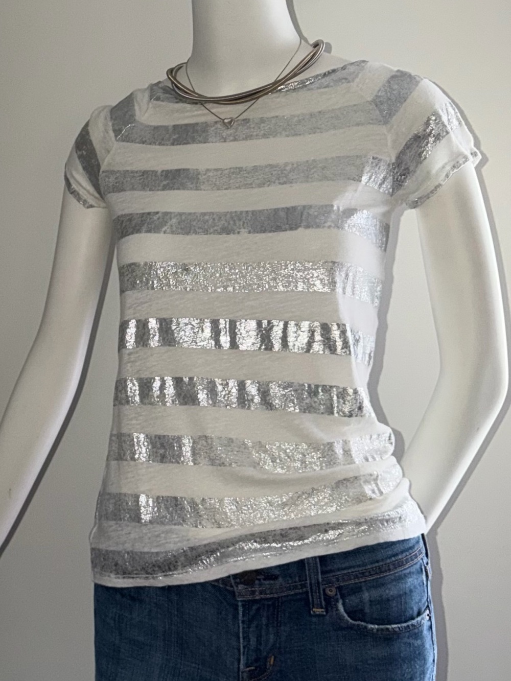 Women's White Tee with Silver Foil Stripes
